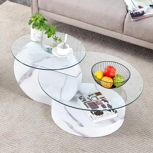 Vista 12 de Ebullient Mesa de centro redonda moderna de cristal, 3 niveles con base de madera, mesa central geométrica para sala de estar, muebles de acento