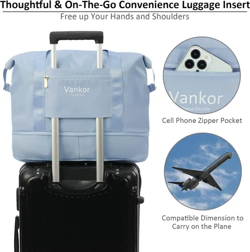 Vista 5 de Vankor - Bolsa de lona para viajes, impermeable, bolsa de viaje portátil para mujer, Azul, Elegante