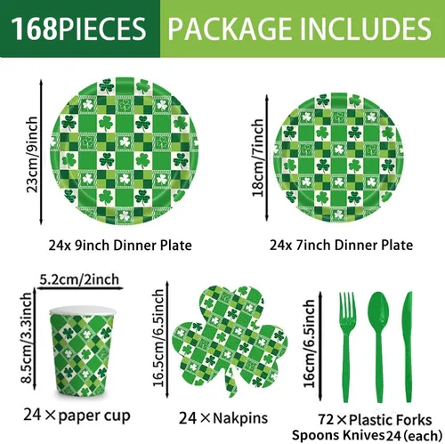 Vista 2 de 168 piezas de suministros para fiesta del día de San Patricio, platos de la suerte, servilletas, juego de vajilla de papel de trébol irlandés verde