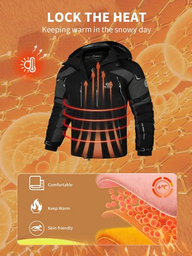 Vista 4 de EVIL WOLF Chaqueta de esquí impermeable para hombre, con capucha y cálida, con múltiples bolsillos, equipo esencial de invierno para esquí