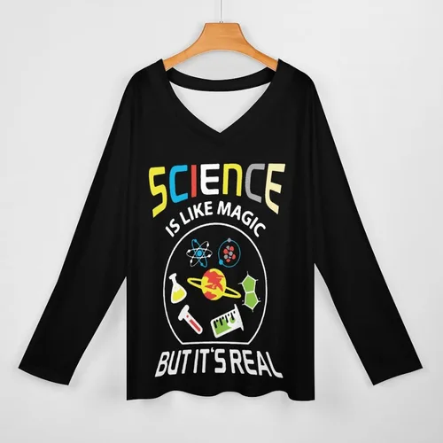 Vista 3 de Science Like Magic - Camisetas de manga larga para mujer, cuello en V, estampadas, blusas gráficas