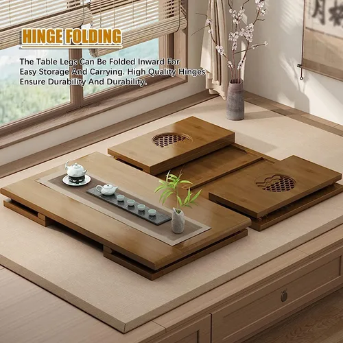Vista 3 de Mesa de Centro Mesa de centro para sala de estar, mesa de café plegable con diseño de ventana panorámica, mesa de té baja japonesa para sentarse