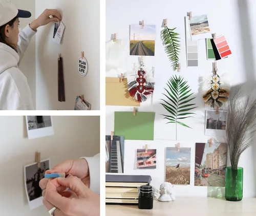 Vista 5 de Paquete de 100 mini clips autoadhesivos para imágenes - Clips de madera para fotos para pared, portafotos para tablero de exhibición colgante