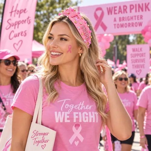 Vista 3 de Diadema rosa con lazo de esperanza de cristal y perla, diadema anudada para concientización sobre el cáncer de mama, accesorios para el cabello