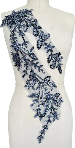 Vista 13 de Parches de lentejuelas brillantes de acrílico hechos a mano en encaje, con cuentas y piedras, para coser, accesorios para vestido de novia (negro)
