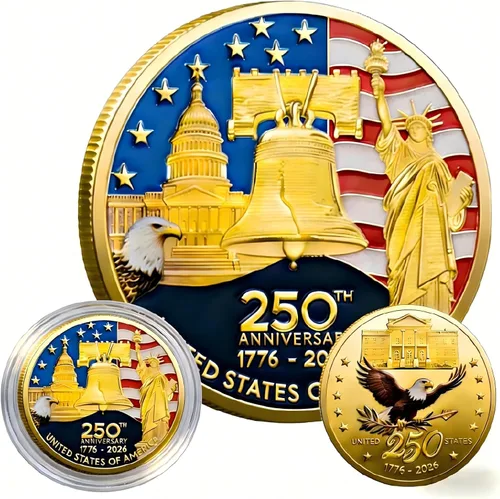 Vista 9 de Moneda del 250 aniversario de Estados Unidos 1776-2026 Mercancía 3D America 250 para celebración patriótica, regalos del Día de la Independencia
