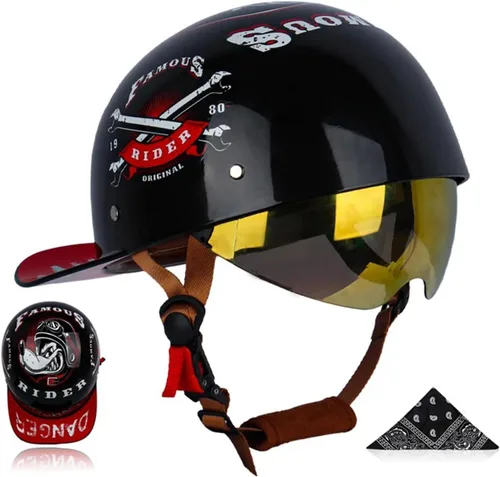 Vista 13 de Medio casco para motocicleta, gorra de béisbol retro, medios cascos con lente desplegable para adultos de calle, para hombres y mujeres