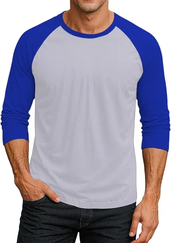Vista 23 de Camiseta de béisbol raglán para hombre, manga larga, cuello redondo, tela ligera que absorbe la humedad para uso casual