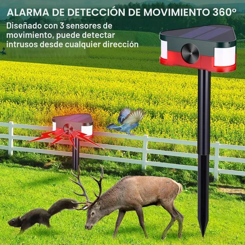 Vista 6 de Qualirey Paquete de 4 alarmas solares de 360° con sensor de movimiento para exteriores, 4 modos de disuasión ultrasónica de animales con 3 sirenas