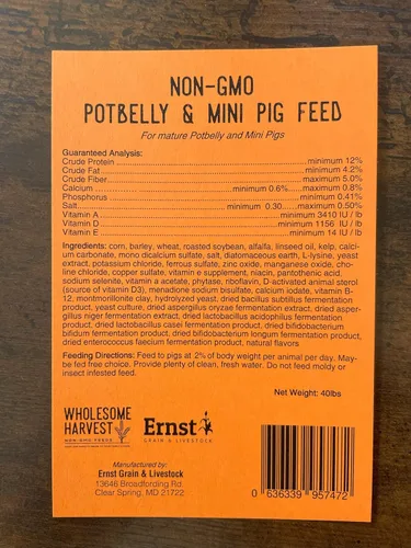 Vista 2 de Alimento para potbelly y mini cerdo sin OMG, 12% de proteína para cerdos maduros, fortificado con vitaminas A, D, E, minerales y algas, bolsa de 40