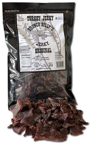 Vista 19 de Bolsa resellable de media libra de carne de res con sabor a bourbon Bronco Billy's Beef Jerky