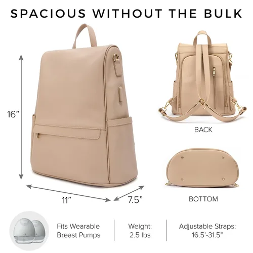 Vista 7 de MIA + SOPHIA Mochila de cuero para pañales con puerto de carga USB, cambiador, correas para cochecito y portabotellas (Marrón Mia)
