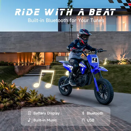 Vista 6 de Bicicleta eléctrica de 24 V para niños, acelera tp 11 MPH, Dirt Bike Azul