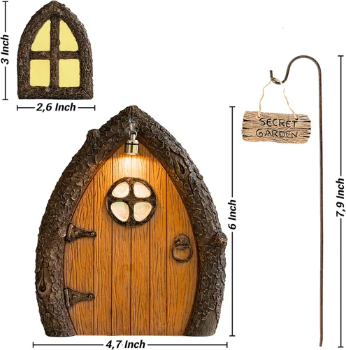 Vista 6 de Puerta de hadas y ventanas para árboles – Escultura de arte de jardín que brilla en la oscuridad para habitación de niños, pared y árboles al aire