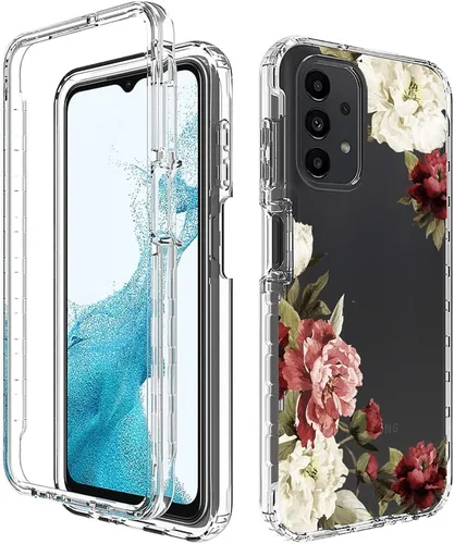 Vista 6 de Funda para Galaxy A23, SM-A235M con protector de pantalla de vidrio templado, bonito patrón floral transparente de cuerpo completo, funda protectora
