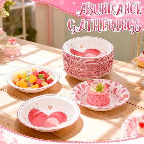 Vista 4 de Sliner 50 cuencos de papel desechables de 16 onzas para el día de San Valentín, 2 estilos, cuenco de sopa compostable con corazón rosa, recuerdo