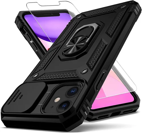 Vista 8 de Funda para iPhone 11, con cubierta para lente de cámara, protector de pantalla HD, [grado militar] anillo de montaje en coche con soporte híbrido