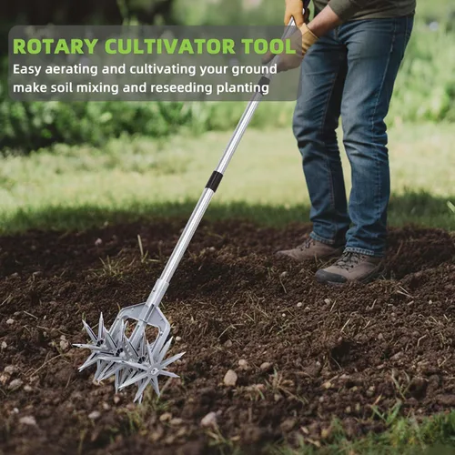 Vista 3 de Cultivador giratorio, herramienta de jardín ajustable con púas de metal sólido desmontables para aflojar y mezclar tierra, cultivador de jardín