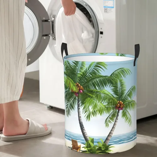 Vista 7 de Tropical Palm Tree print Circular Hamper Waterproof Storage Bin Organizer Basket Laundry Hamper With Handles For Clothes Toys Small