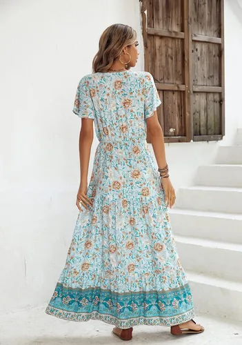 Vista 4 de R.Vivimos - Vestido de verano holgado para mujer, tela de algodón, estampado floral, manga corta