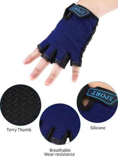 Vista 4 de Boao 3 pares de guantes de medio dedo para niños guantes de deporte antideslizantes de gel para niños Ciclismo de montar en bicicleta azul gris