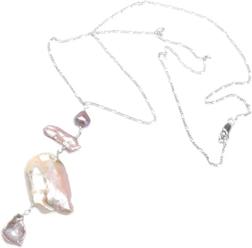 Vista 4 de Collar de cadena de flamenco abstracto de perlas de agua dulce cultivadas en malva grande de plata esterlina con relleno de oro