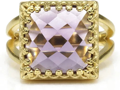 Vista 4 de Intrincado anillo de piedra natal de febrero, anillo de amatista en doble banda chapada en oro de 14 quilates, joyería de amatista hecha a mano