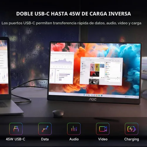 Vista 4 de AOC Monitor portátil de 15.6 pulgadas FHD 1080P IPS 125% sRGB, monitor de viaje USB-C HDMI para laptop, segunda pantalla externa ultra delgada