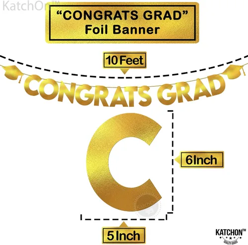 Vista 4 de KatchOn, Banner de graduación de felicitaciones doradas y negras con purpurina, 10 pies, pancarta de graduación dorada y negra, guirnalda de gorra