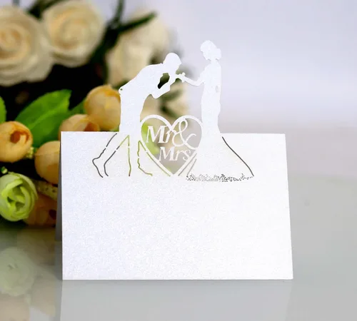 Vista 12 de 50 tarjetas de lugar, tarjetas de mesa, tarjetas de nombre para ajuste de mesa, romántico, amante, corazón, tarjeta de papel, banquete de asiento 3d