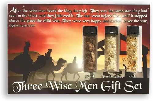 Vista 2 de Gifts of The Magi - Set de regalo de Navidad de tres hombres sabios, oro, incienso y mirra en frascos de vidrio, cristiano basado en la Biblia