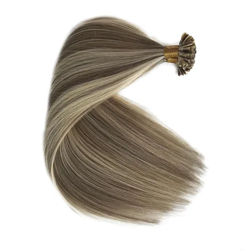 Vista 34 de Extensiones de cabello con micro puntas, 16 pulgadas, balayage, color #18, rubio beige, mezclado #60 rubio platino, extensiones de cabello humano