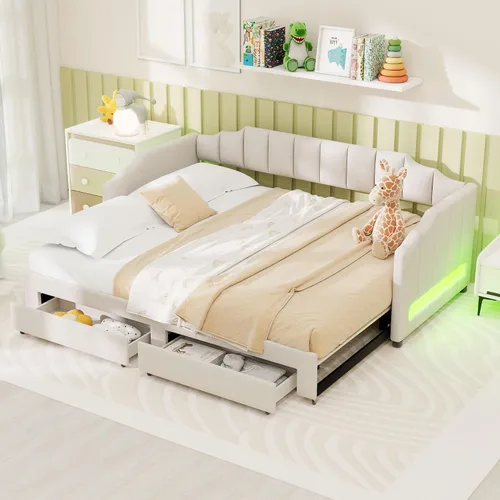 Vista 15 de Cama Diván Moderna Tamaño Twin XL con Cinturón LED y Cama Nido, Marco de Cama Plataforma de Madera con Cabecera Tapizada con Almacenamiento, Sofá