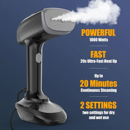 Vista 2 de Vaporizador de tela portátil potente - 1800W con placa de calentamiento rápido de cerámica, planchado y removedor de arrugas 2 en 1, boquilla