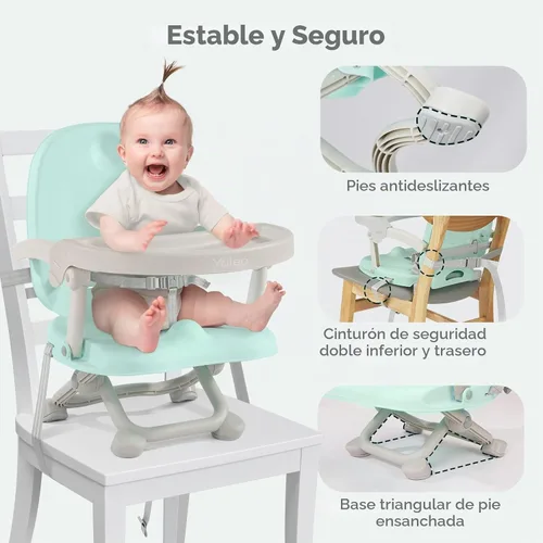 Vista 5 de YOLEO Silla alta para bebé, asiento elevador para mesa de comedor, sillas altas plegables con alturas ajustables, asiento elevador de viaje con Verde