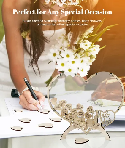 Vista 6 de Qivine Libro de visitas, libro de invitados de decoración de boda de corazón de madera, recuerdos de boda de acrílico para invitados con soporte