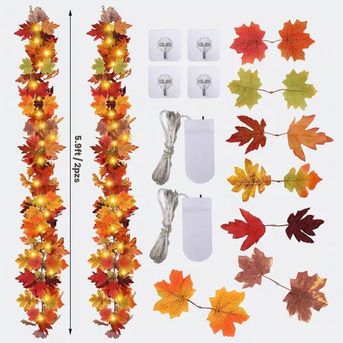Vista 3 de 2 guirnaldas de otoño con luz, decoración de hojas de otoño, 40 luces LED, guirnalda de hojas artificiales de otoño, guirnalda de otoño, decoración