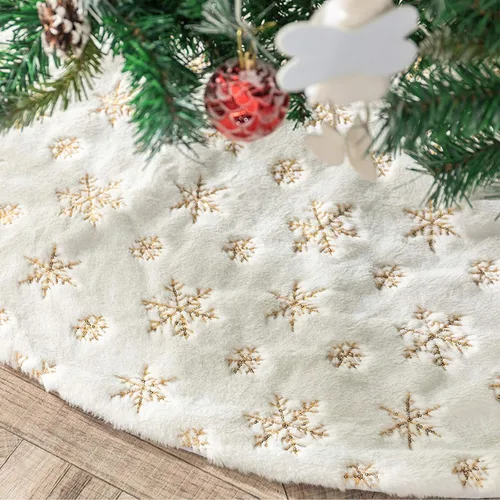 Vista 20 de Faldones de Felpa para Árbol de Navidad, 24 pulgadas, Lujosa Cubierta de Base de Árbol de Navidad de Piel Sintética Negra con Copos de Nieve Dorados