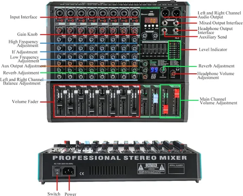 Vista 3 de Mezclador de DJ de 8 canales, mesa de DJ para sistemas de escenario PA con 99 tipos de efectos digitales DPS, efecto eco+retardo, entrada