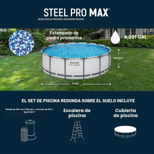 Vista 3 de Bestway Steel Pro MAX - Piscina sobre el suelo de 15 x 48 pulgadas, juego de piscina para exteriores con estructura de metal redondo con bomba