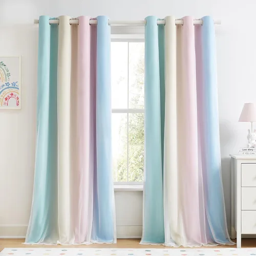 Vista 29 de Cortinas 100% opacas con superposición de gasa Mix and Match de doble capa, 54 pulgadas de largo, 2 paneles para dormitorio y sala de estar, azul