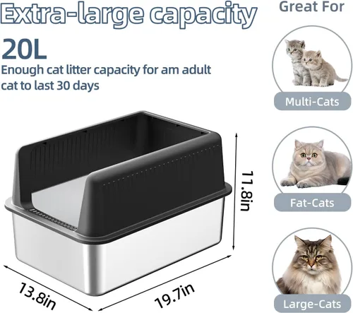 Vista 2 de Caja de arena de acero inoxidable para gatos con tapa, XL, 19.7 pulgadas de largo x 13.8 pulgadas de ancho x 11.8 pulgadas de alto, caja de arena