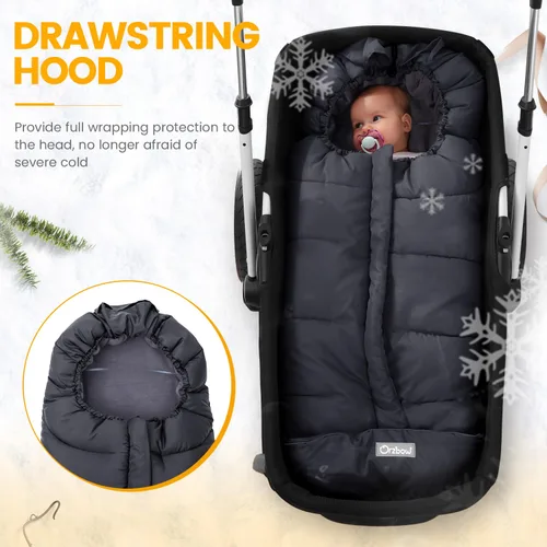 Vista 2 de Orzbow Saco universal para cochecito, saco de dormir cálido para invierno, impermeable y resistente al viento con forro de polar cálido para Negro