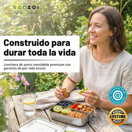 Vista 7 de ecozoi - Lonchera Bento de acero inoxidable con 5 compartimentos para adultos y niños, recipiente de metal a prueba de fugas de 50 onzas con taza
