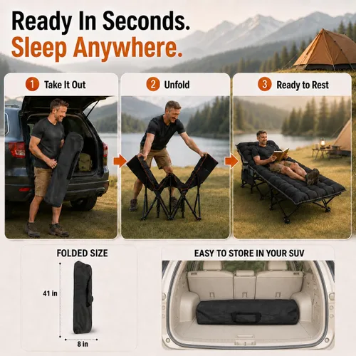 Vista 7 de ABORON Catres de camping para adultos, 28 pulgadas extra anchas para dormir Todo negro