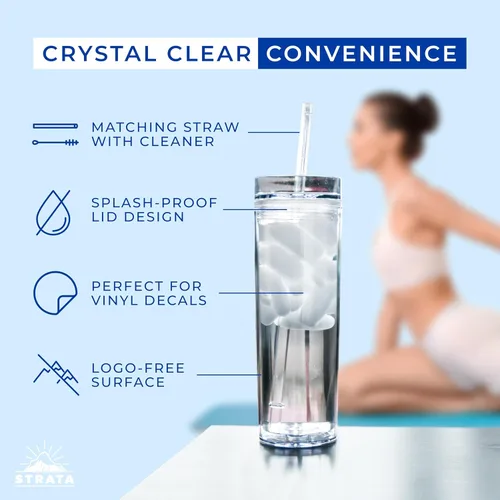 Vista 3 de STRATA CUPS 12 Vasos Transparentes Delgados con Tapas y Popotes Vaso Reutilizable de 16oz de Pared Doble Transparente con Tapa y Popote, Vasos