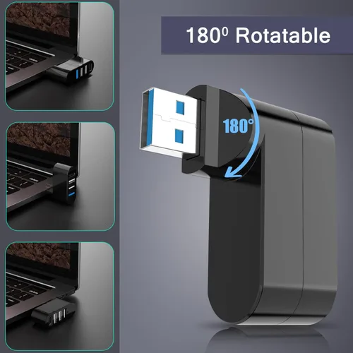 Vista 3 de Hub USB 3.0 de 4 puertos [giratorio de 90°/180° grados], divisor USB con puerto USB C de 5 W PD-in, extensor USB para laptop, automóvil, iMac