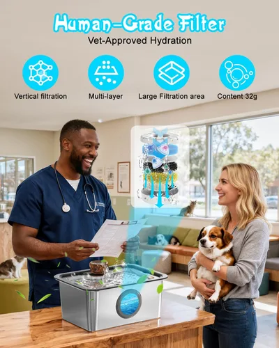 Vista 3 de Fuente de agua para perros grandes, fuente de agua para mascotas de acero inoxidable 304 de 12 litros con 5 filtros y 2 bombas de agua