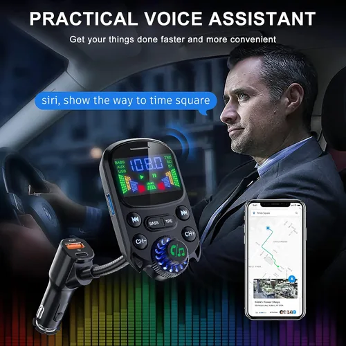 Vista 13 de Transmisor FM Bluetooth 5.3 para coche SOARUN Adaptador Bluetooth para automóvil PD30W y puerto USB, carga rápida, reproductor de agudos y graves