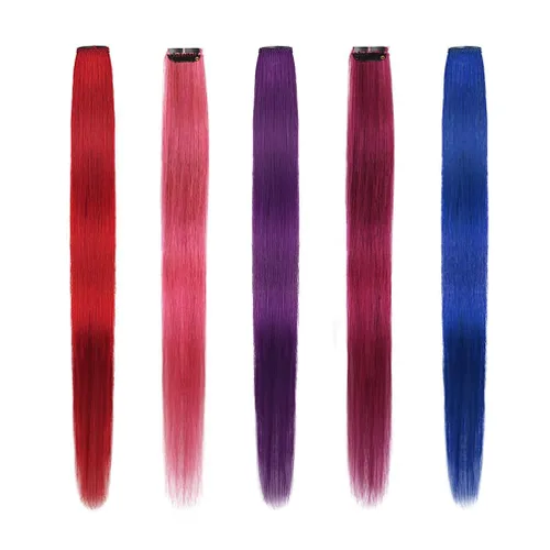 Vista 8 de Winsky Extensiones de cabello morado con clip – 100% cabello humano real de color para niñas, piezas de cabello de Halloween, 5 piezas/juego